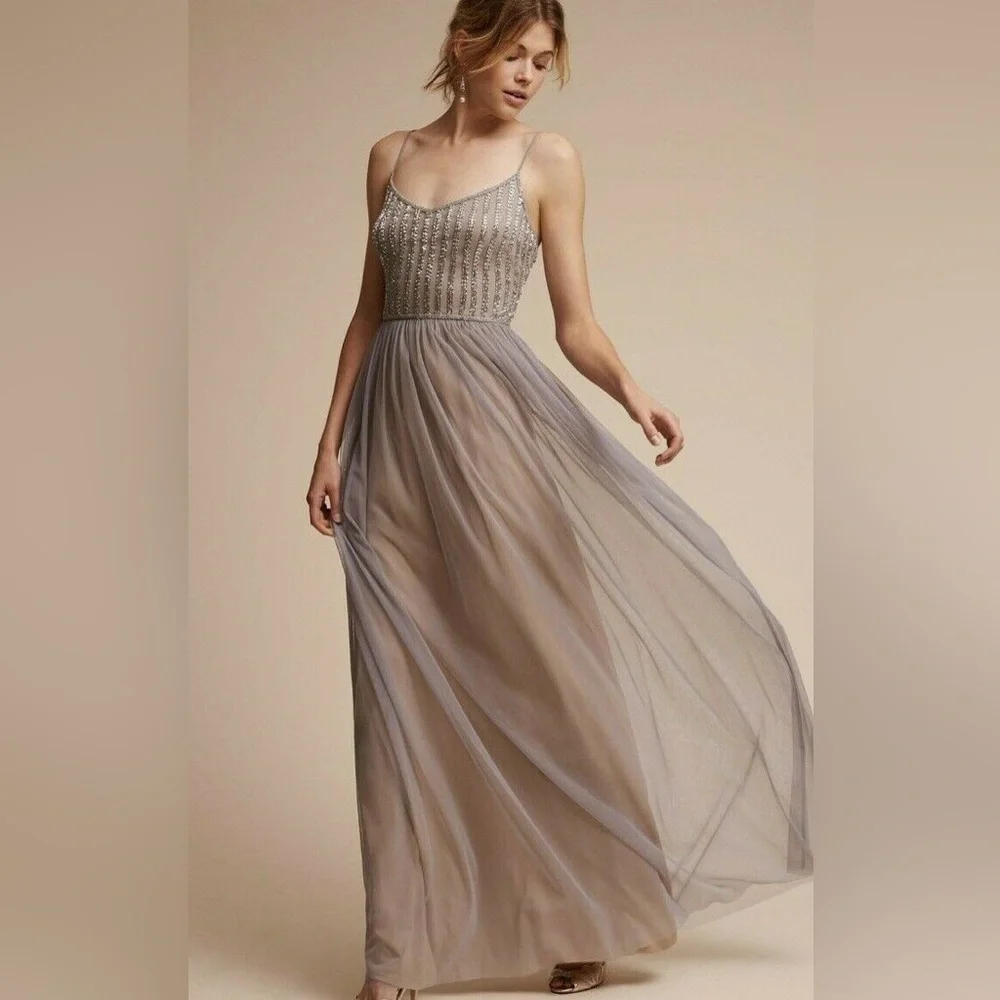Adrianna Papell x BHLDN LAURENT Silver and Gray beaded Maxi Dress size 6